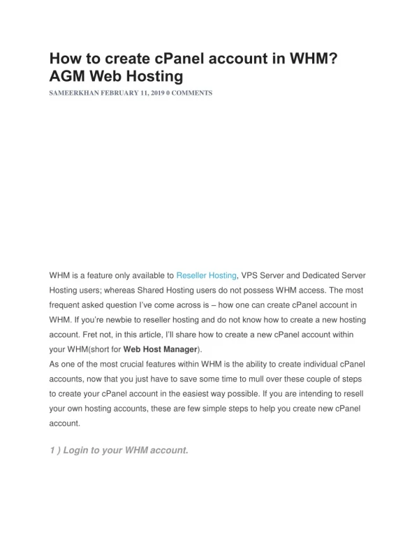 How to create cPanel account in WHM? AGM Web Hosting