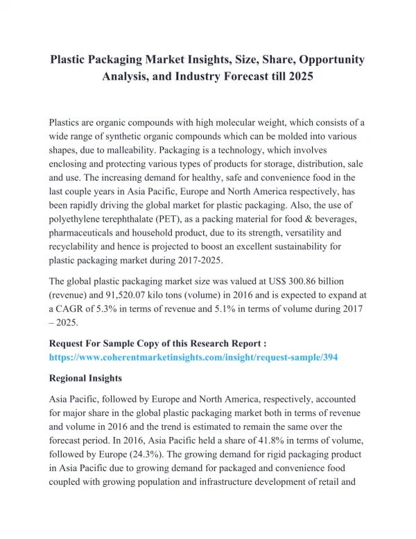 Plastic Packaging Market Insights, Size, Share, Opportunity Analysis, and Industry Forecast till 2025