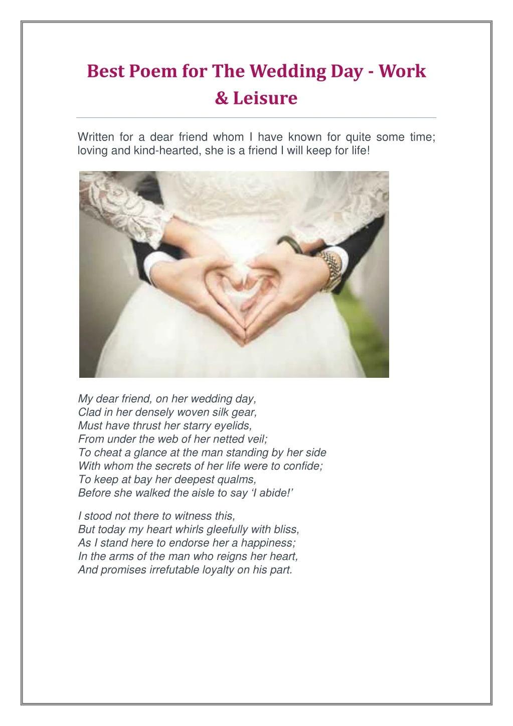best poem for the wedding day work leisure