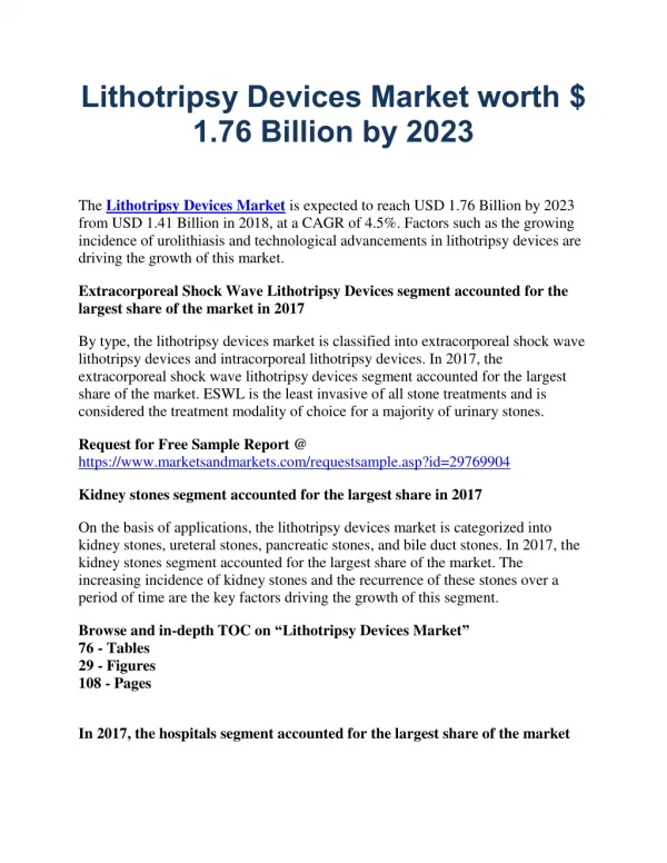 Lithotripsy Devices Market worth $ 1.76 Billion by 2023