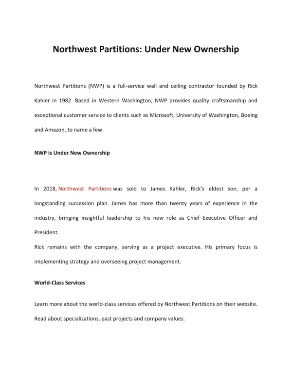 Northwest Partitions - under new ownership