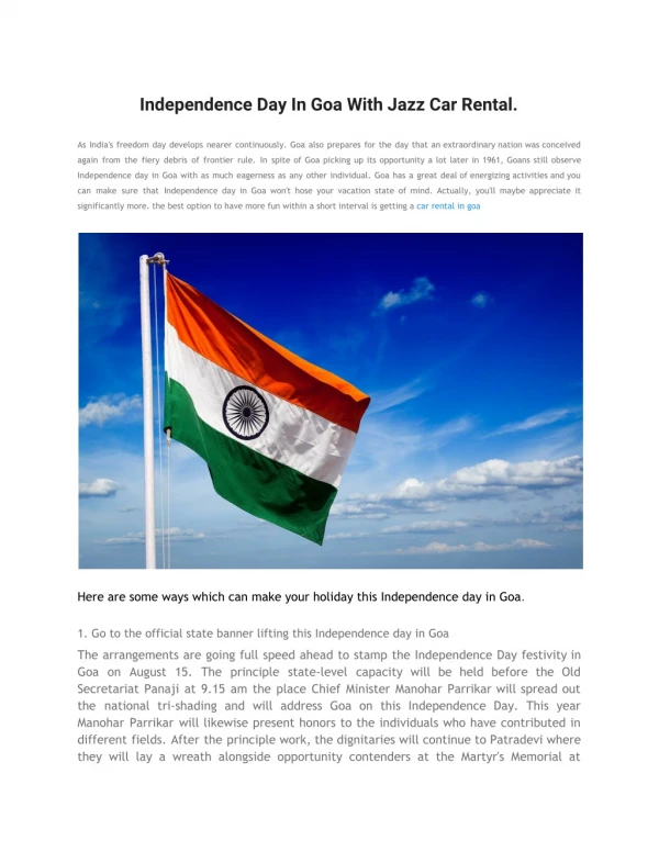 Independence Day In Goa With Jazz Car Rental.