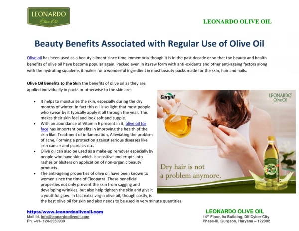 Beauty Benefits Associated with Regular Use of Olive Oil