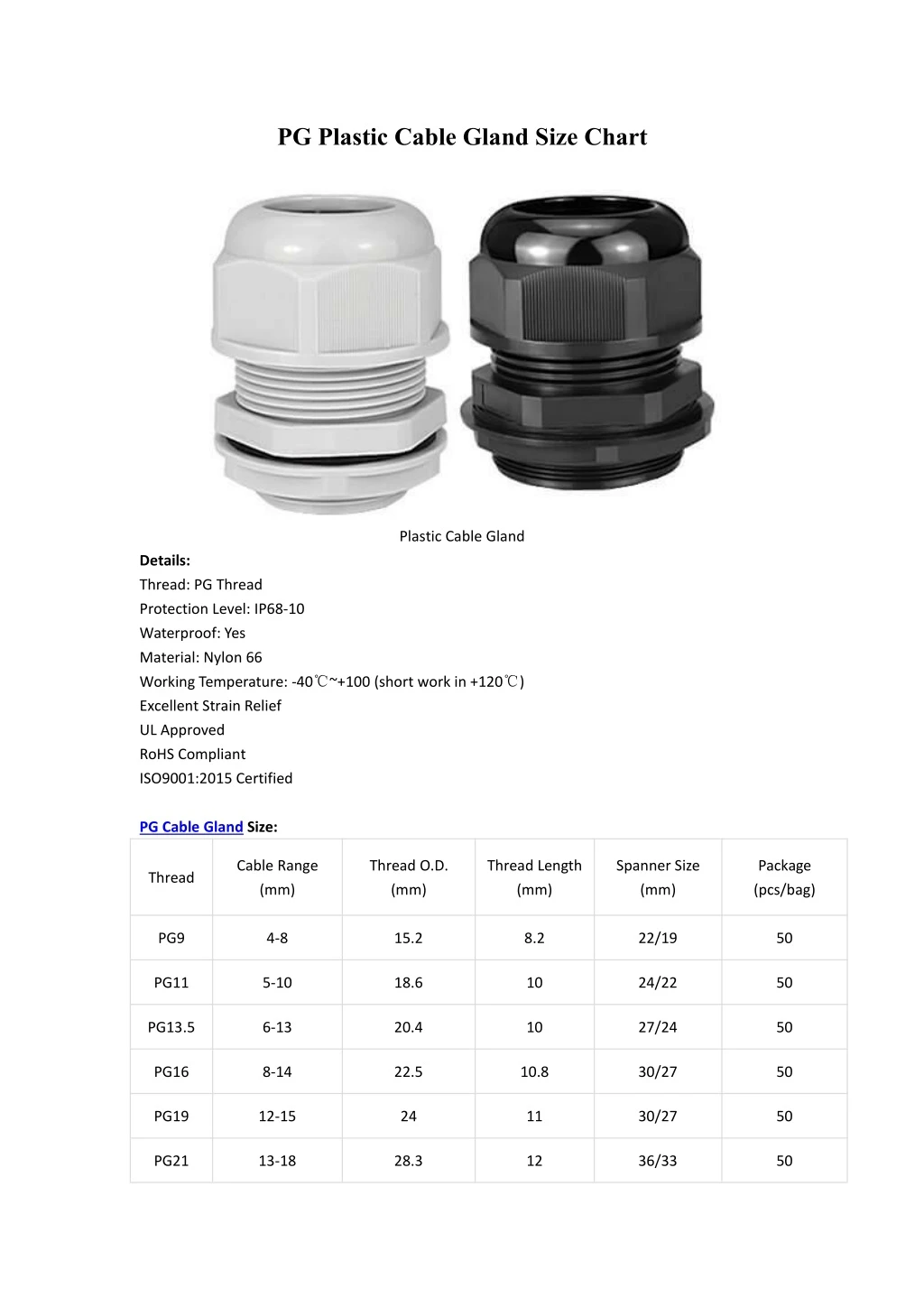 pg plastic cable gland size chart
