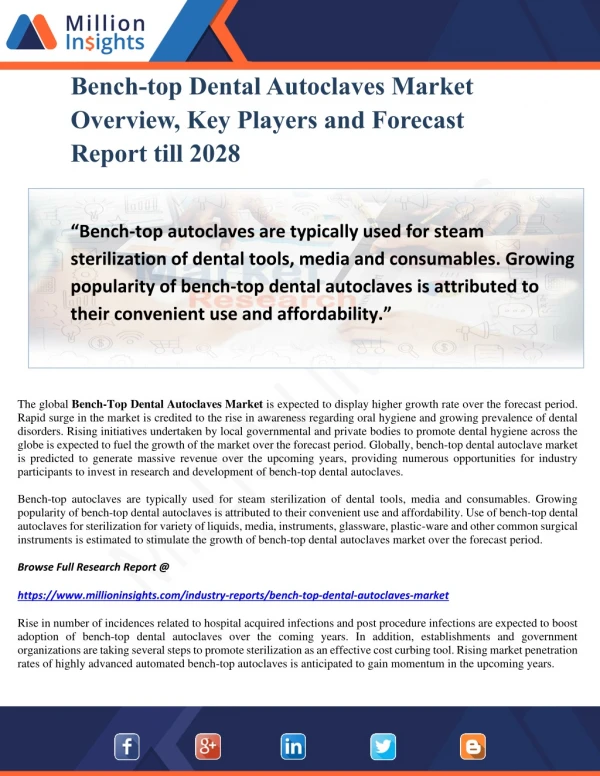 Bench-top Dental Autoclaves Market Overview, Key Players and Forecast Report till 2028
