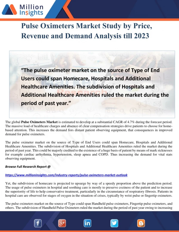 Pulse Oximeters Market Study by Price, Revenue and Demand Analysis till 2023