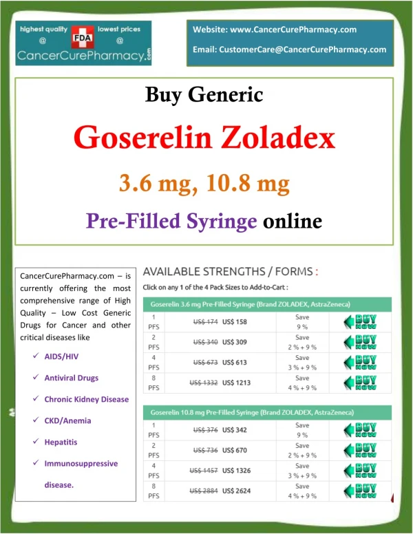 Buy Generic goserelin zoladex 3.6 mg, 10.8 mg Pre-Filled Syringe online