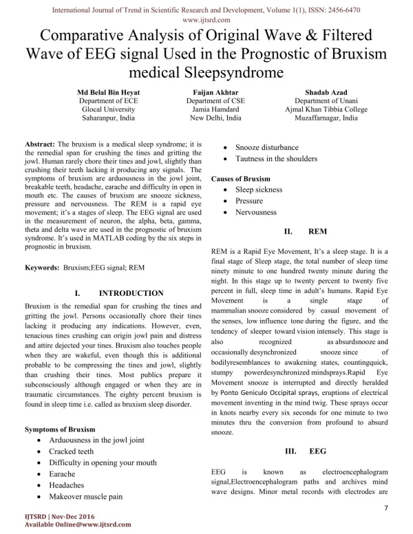 Comparative Analysis of Original Wave & Filtered Wave of EEG signal Used in the Prognostic of Bruxism medical Sleep synd