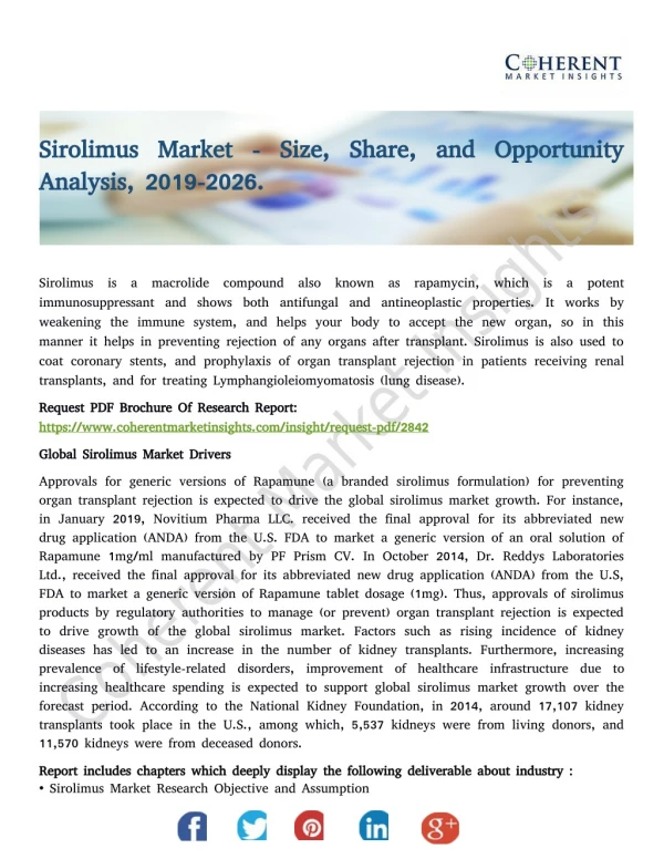 Sirolimus Market - Size, Share, and Opportunity Analysis, 2019-2026.