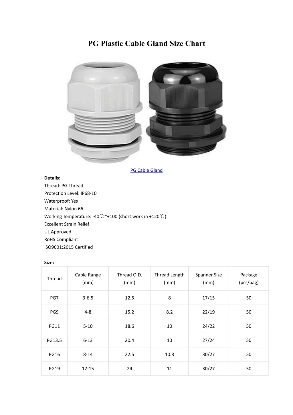 pg plastic cable gland size chart