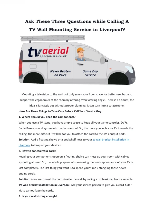 Ask These Three Questions while Calling A TV Wall Mounting Service in Liverpool?
