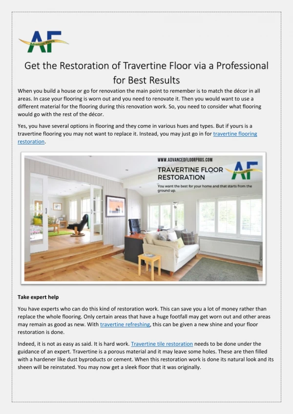 Get the Restoration of Travertine Floor Via A Professional for Best Results