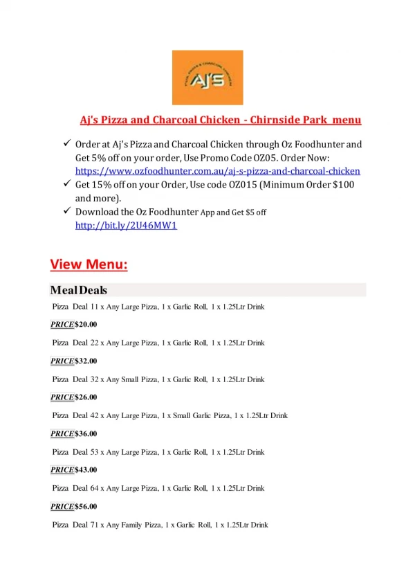 15% Off - Aj's Pizza and Charcoal Chicken-Chirnside Park - Order Food Online