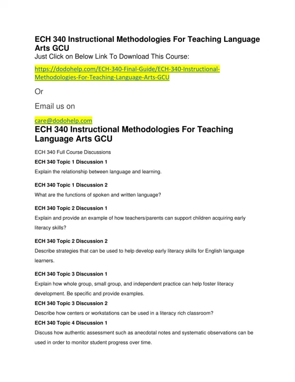 ECH 340 Instructional Methodologies For Teaching Language Arts GCU