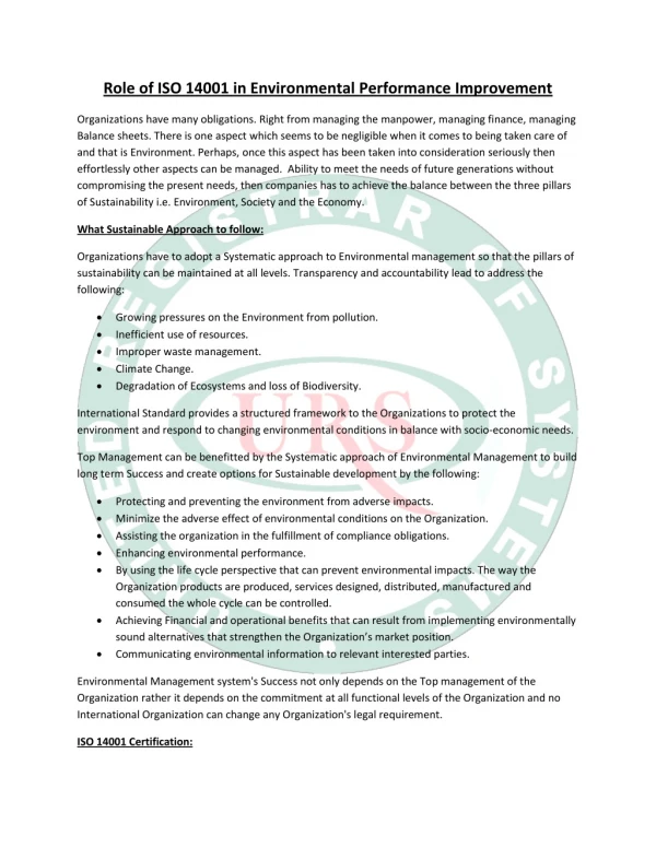 Role of ISO 14001 in Environmental Performance Improvement