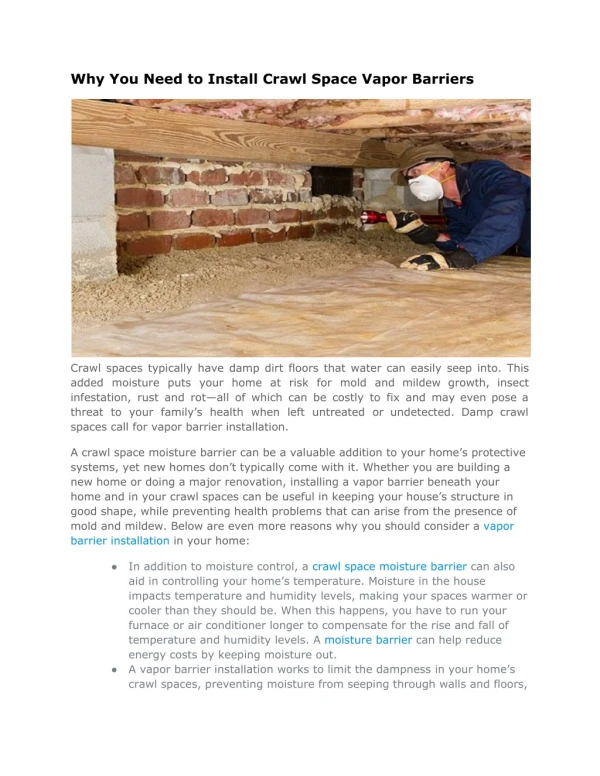 Why You Need to Install Crawl Space Vapor Barriers