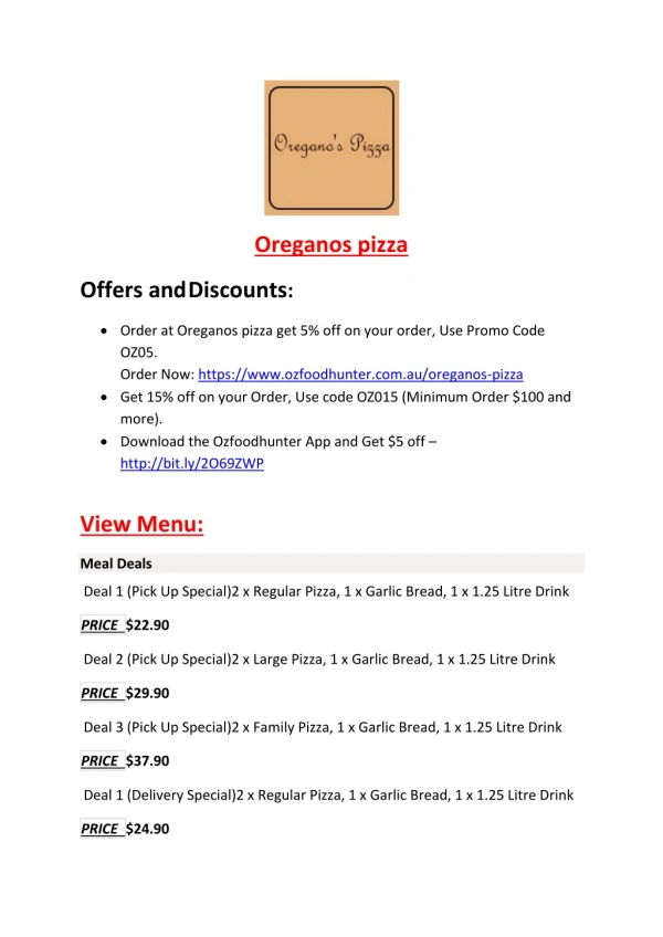 15% Off - Oreganos pizza -Ivanhoe - Order Food Online