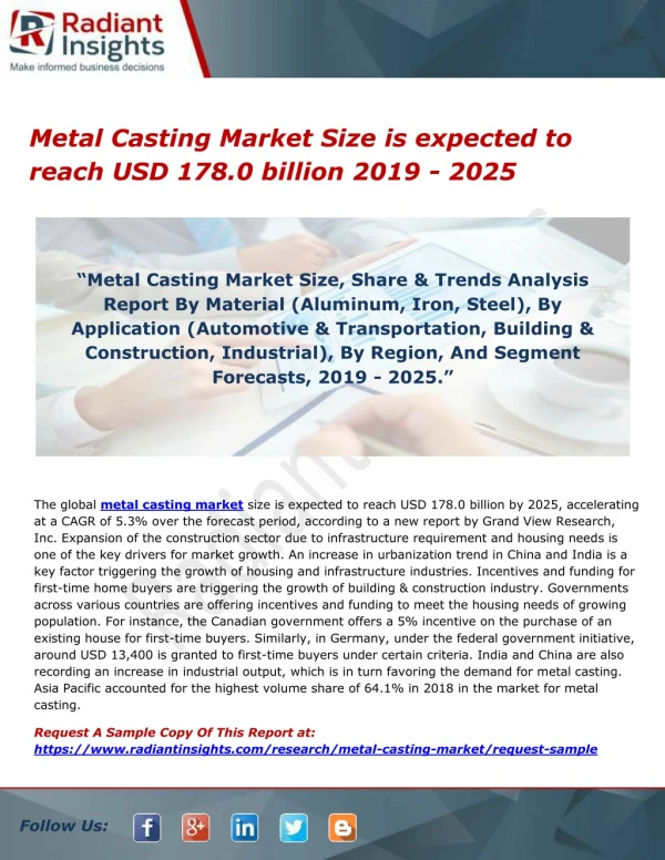 Metal Casting Market Size is expected to reach USD 178.0 billion 2019 - 2025