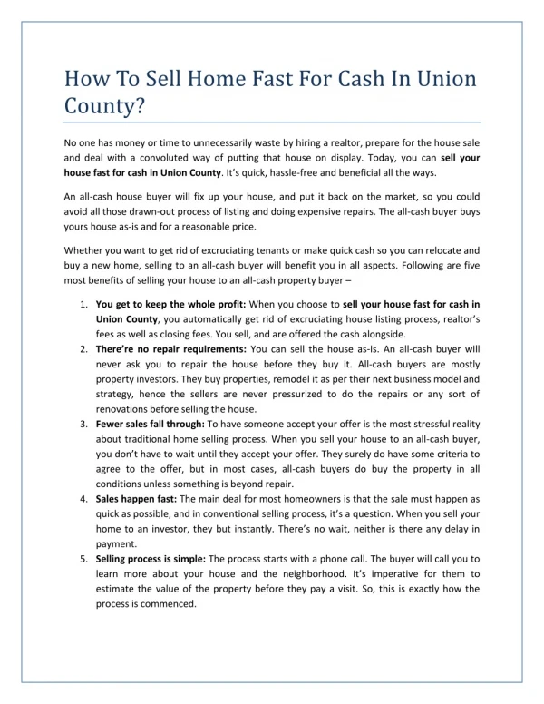 How To Sell Home Fast For Cash In Union County?