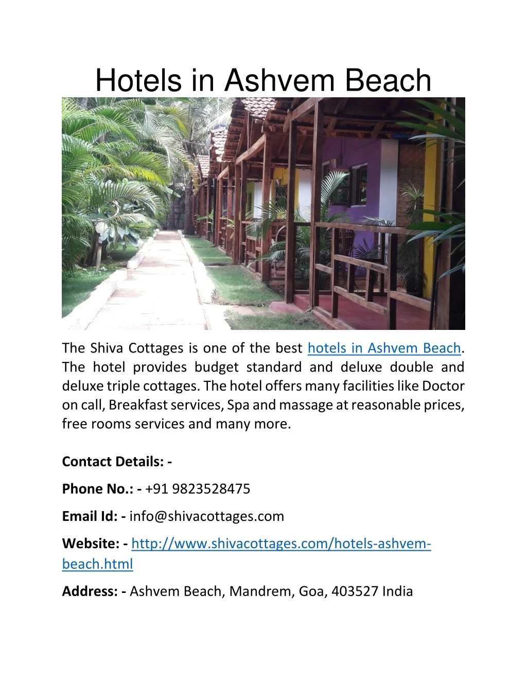 hotels in ashvem beach