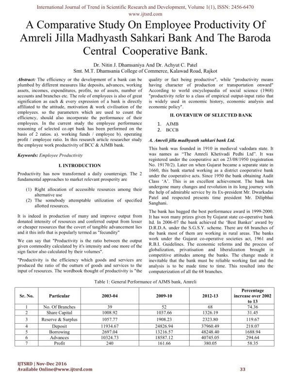 A Comparative Study On Employee Productivity Of Amreli Jilla Madhyasth Sahkari Bank And The Baroda Central Cooperative B