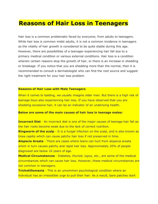 Reasons of Hair Loss in Teenagers
