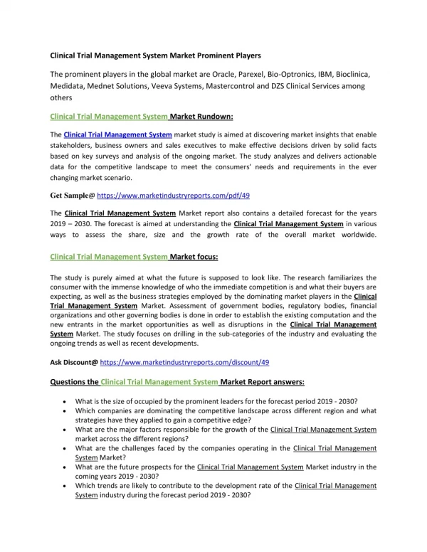 Clinical Trial Management System market statistics facts and figures 2019