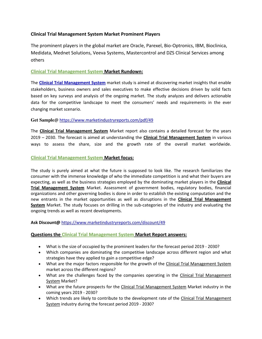 clinical trial management system market prominent