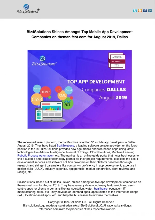 Biz4solutions Shines Amongst Top Mobile App Development Companies on themanifest.com