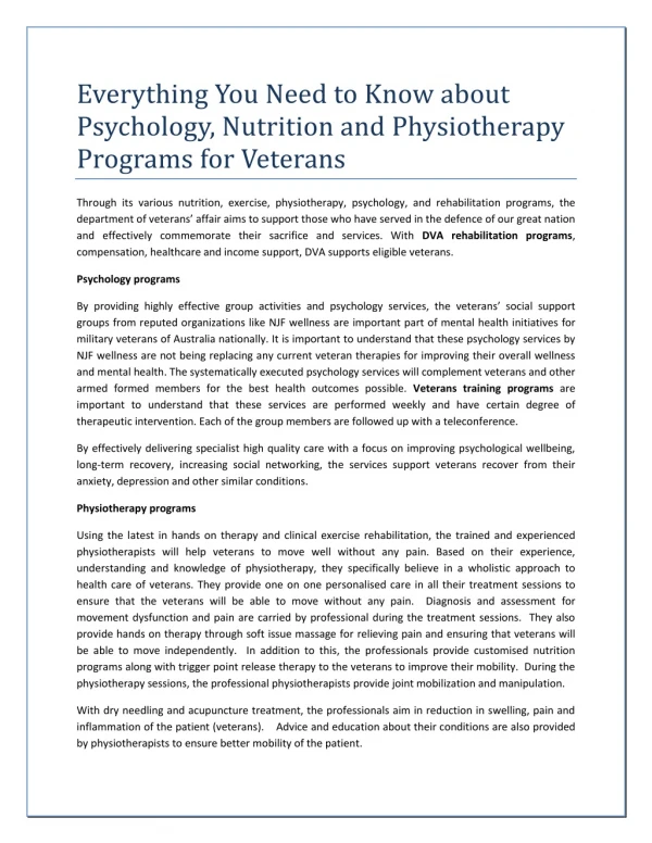 Everything You Need to Know about Psychology, Nutrition and Physiotherapy Programs for Veterans