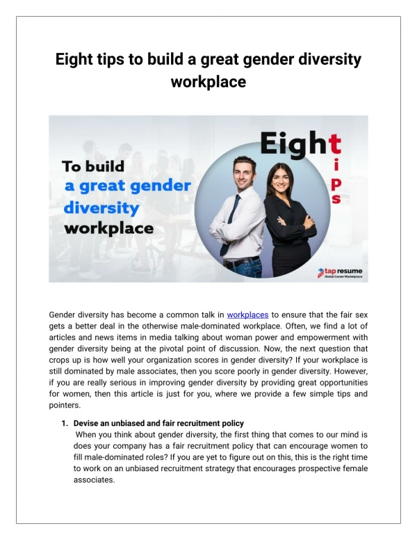Eight tips to build a great gender diversity workplace