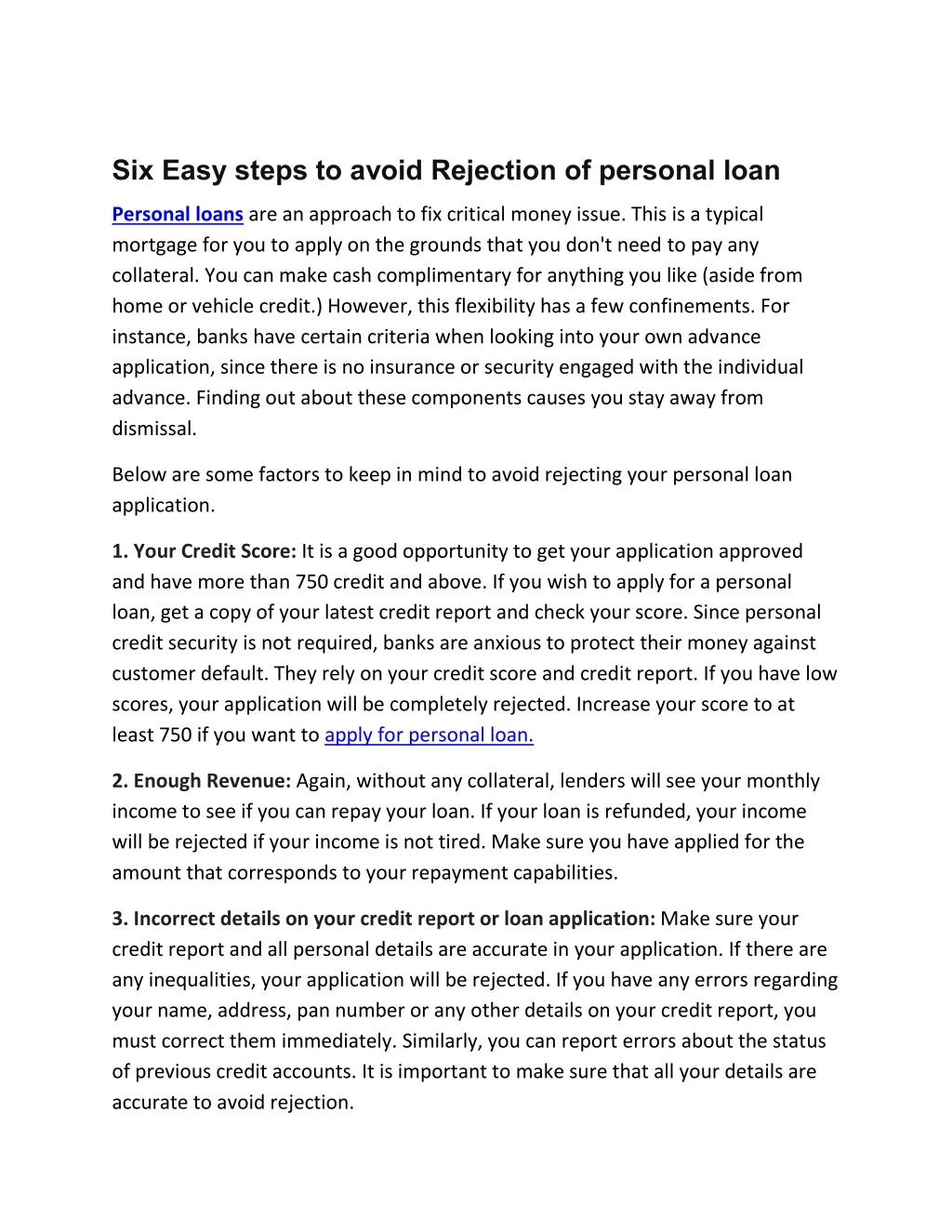 six easy steps to avoid rejection of personal loan