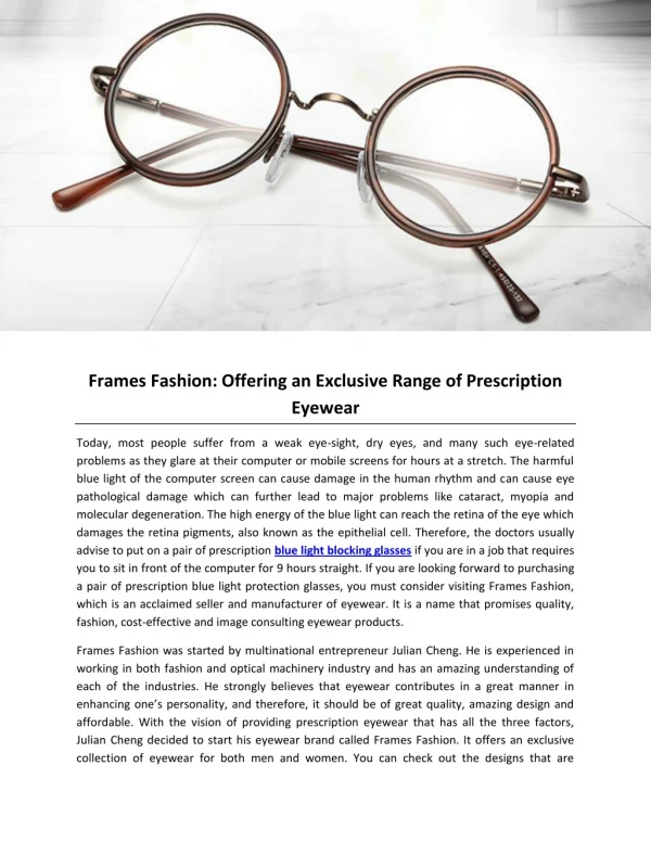 Frames Fashion: Offering an Exclusive Range of Prescription Eyewear