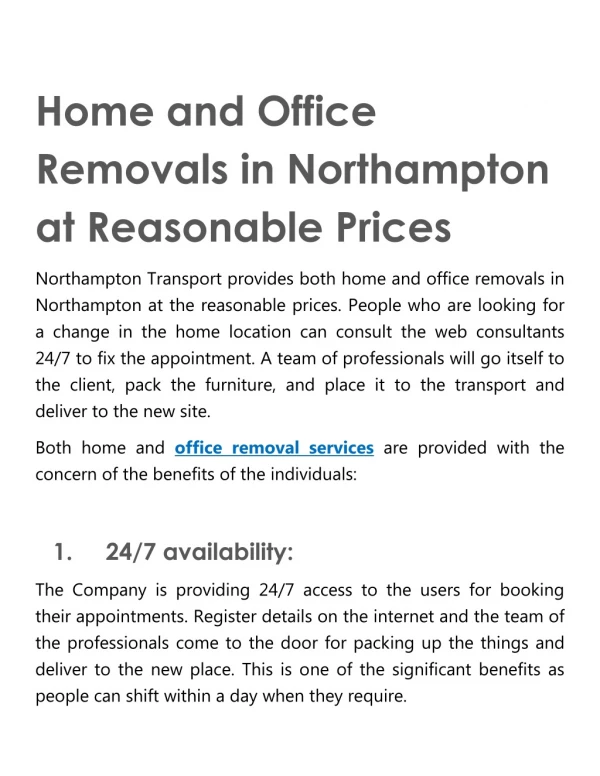 Home and Office Removals in Northampton at Reasonable Prices