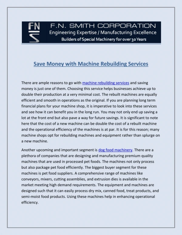 Save Money with Machine Rebuilding Services