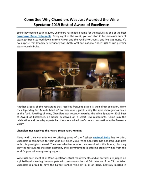Come See Why Chandlers Was Just Awarded the Wine Spectator 2019 Best of Award of Excellence