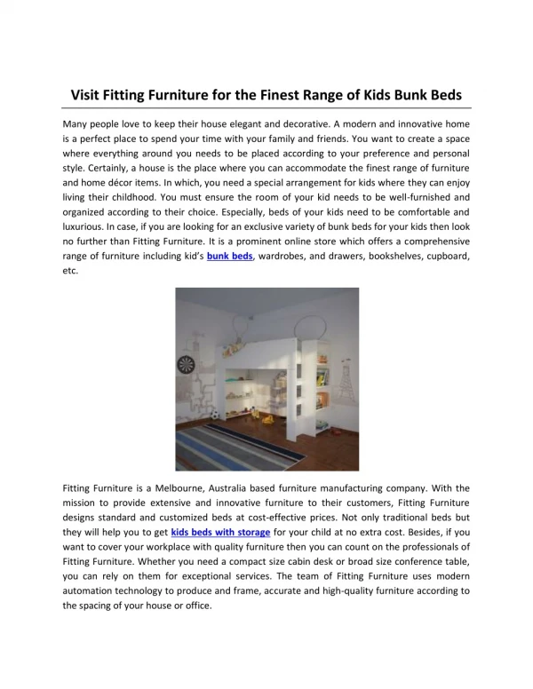 Visit Fitting Furniture for the Finest Range of Kids Bunk Beds