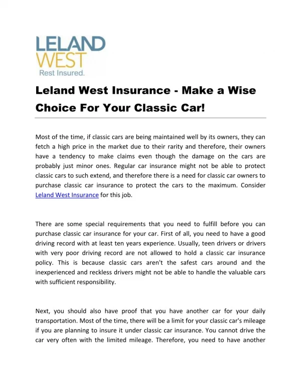 Leland West Insurance - Make a Wise Choice For Your Classic Car!