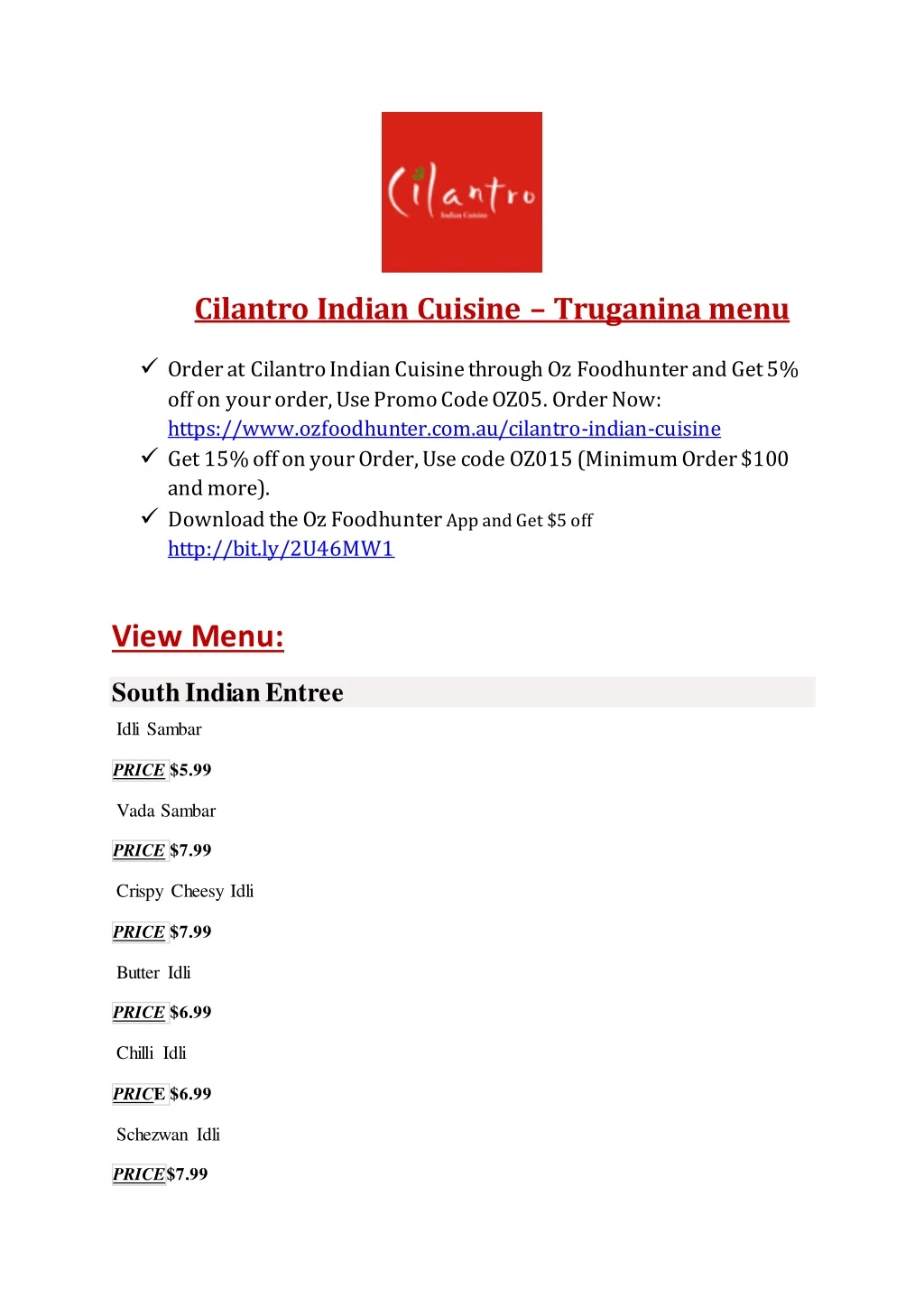 cilantro indian cuisine truganina menu order