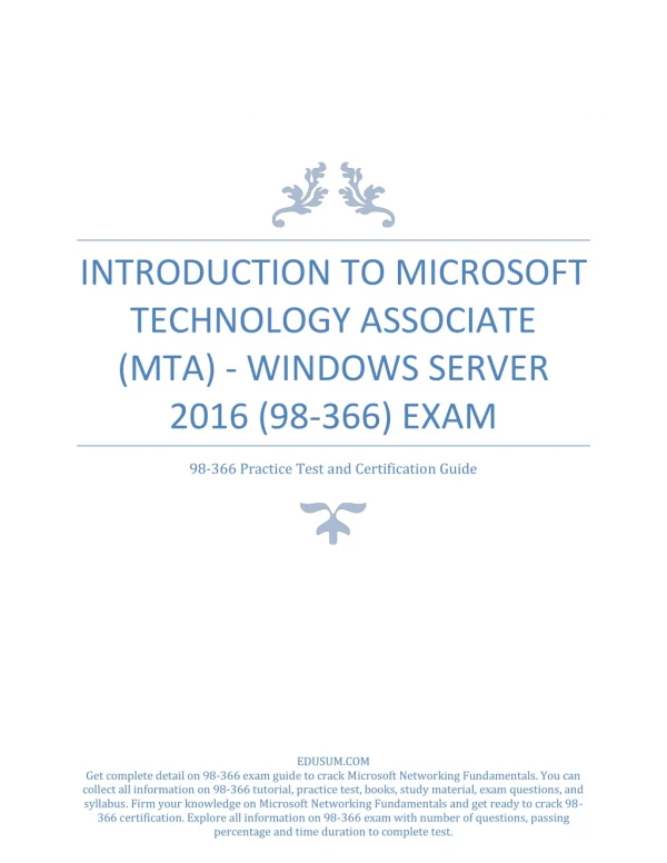 (PDF) INTRODUCTION TO MICROSOFT TECHNOLOGY ASSOCIATE (MTA) - WINDOWS SERVER 2016 (98-366) EXAM