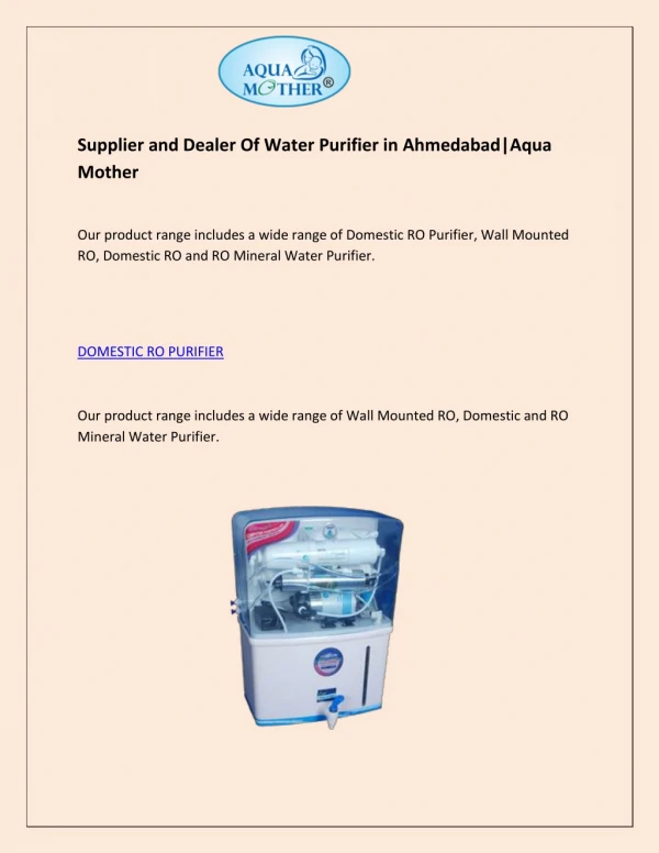 Supplier and Dealer Of Water Purifier in Ahmedabad|Aqua Mother