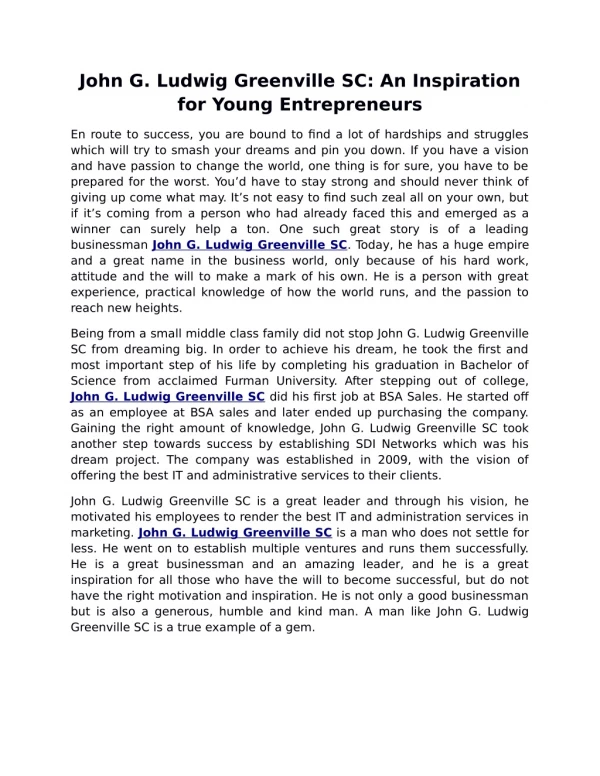 John G. Ludwig Greenville SC: An Inspiration for Young Entrepreneurs