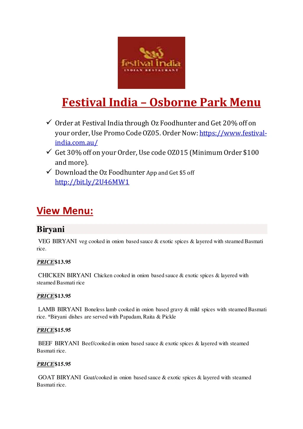 festival india osborne park menu order