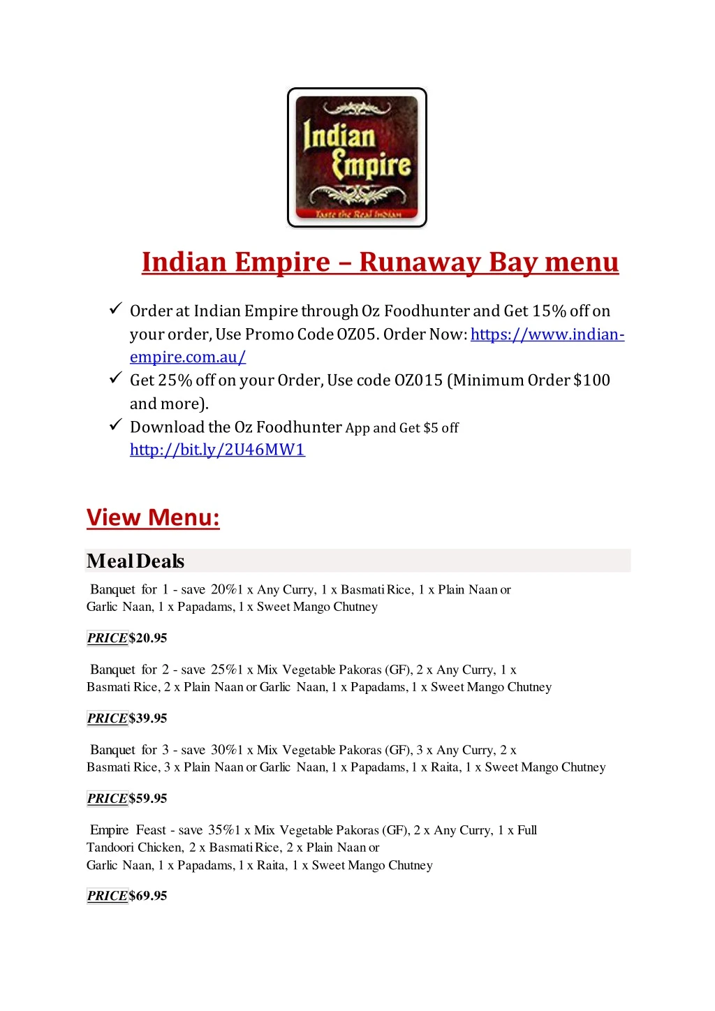 indian empire runaway bay menu order at indian