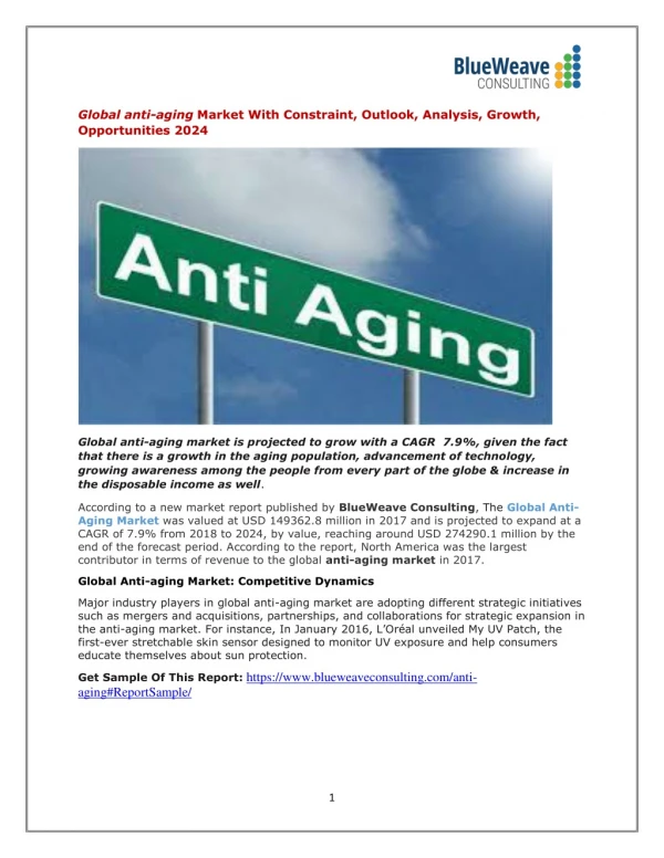 Global anti-aging Market With Constraint, Outlook, Analysis, Growth, Opportunities 2024