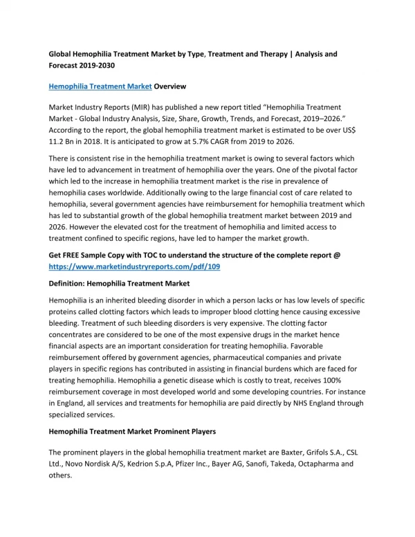 Hemophilia Treatment Market Latest Innovations, Industry Challenges, Drivers and Forecast to 2030