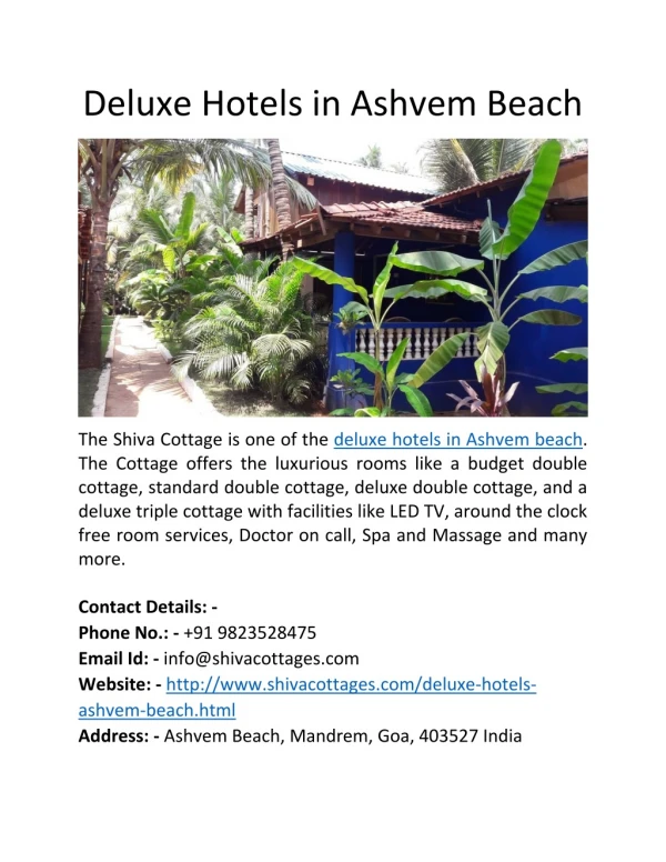 Deluxe Hotels in Ashvem Beach