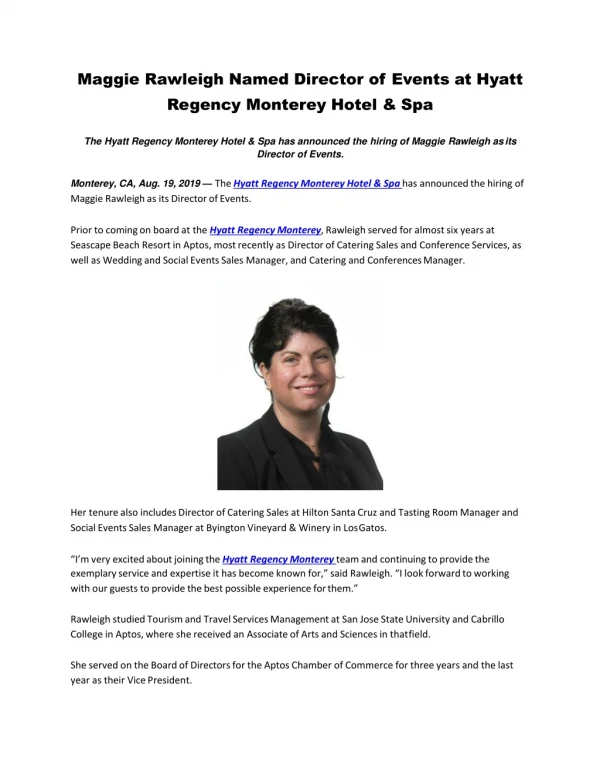 Maggie Rawleigh Named Director of Events at Hyatt Regency Monterey Hotel & Spa