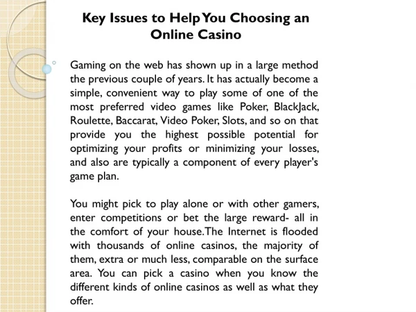 Key Issues to Help You Choosing an Online Casino
