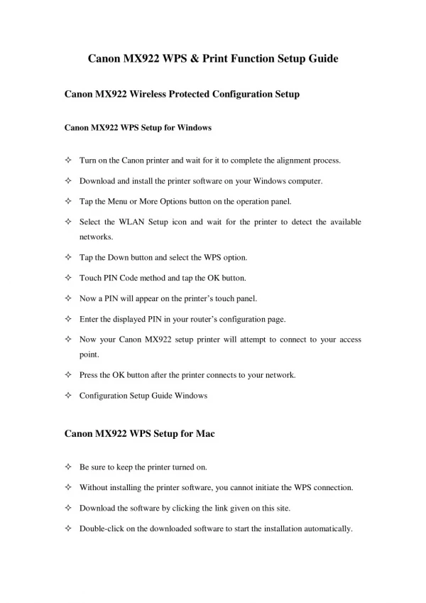 Canon MX922 WPS & Print Function Setup Guide